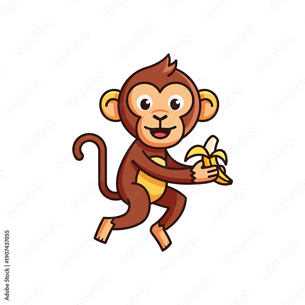 Obraz premium A colorful illustration of a happy monkey holding a vetcor styled banana peel in a lively scene.