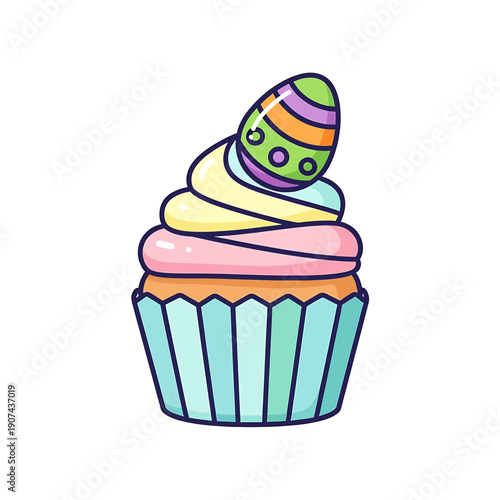A colorful cupcake with swirled frosting and a decorated Easter egg on top is an illustration of a sweet treat in a vetcor style dessert setting.