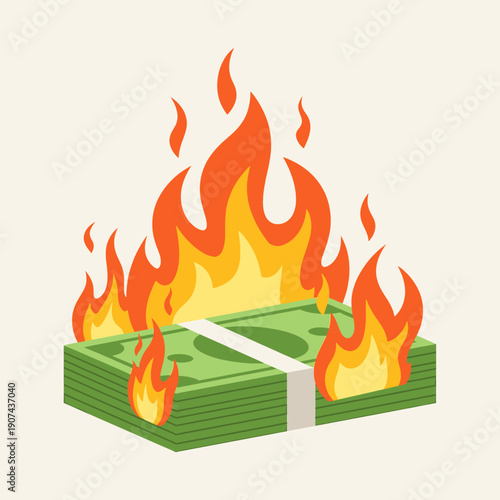 A burning illustration of a vetcor graphic depicting a stack of money on fire.