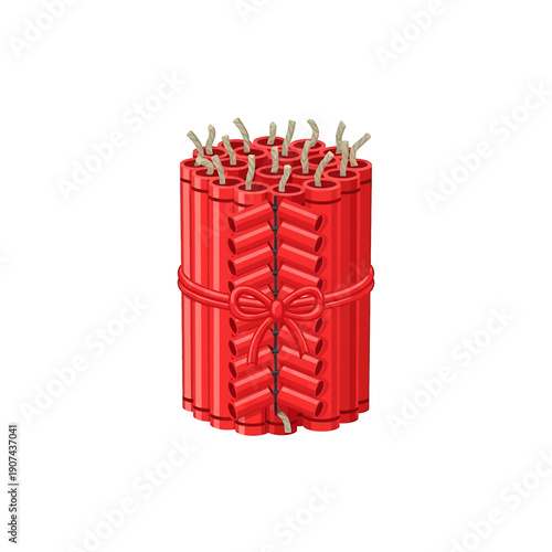 A detailed illustration of a bundle of dynamite sticks with lit fuses, wrapped in red vetcor material, on a plain surface.