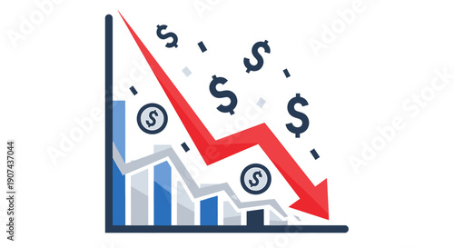 A vetcor illustration shows a declining financial graph with falling dollar signs and a red arrow pointing downwards.