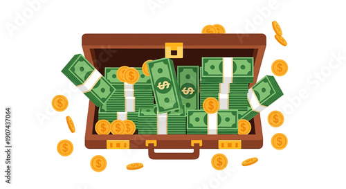 The vetcor illustration shows a briefcase overflowing with cash and gold coins on a desk indoors.