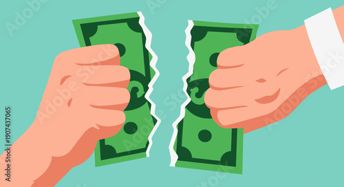 Two hands tearing a green dollar bill in half in an illustration with a vetcor style.