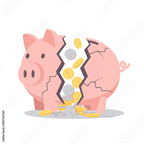 A broken piggy bank spills coins in an illustration vector style.