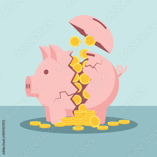 An illustration of a cracked open piggy bank spills coins in a vetcor style saving concept on a table indoors.