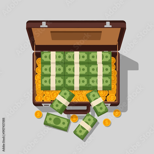 An illustration of a brown vetcor briefcase overflowing with cash and gold coins on a gray surface