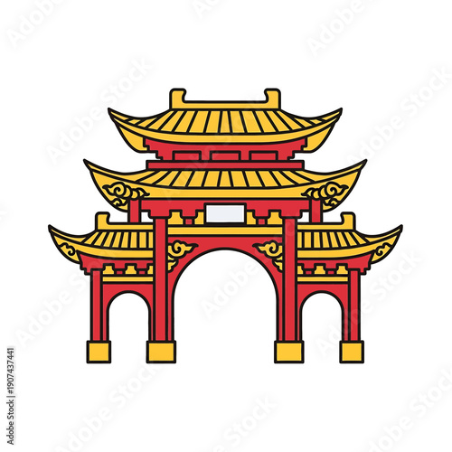 A vibrant 2D vector illustration of a traditional Chinese gate structure stands proudly in an Asian cityscape.