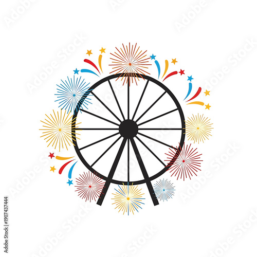 A vector 2D illustration of a vibrant Ferris wheel spinning with colorful fireworks exploding around it in a lively celebration scene at night.