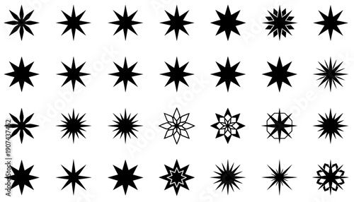 Collection of various black starburst shapes on white background.