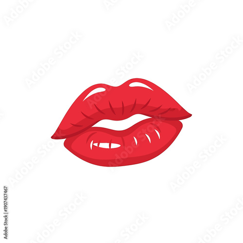 A vibrant red lip illustration of glossy lips in a 2D vector style for beauty and makeup advertising.