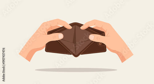 Hands hold empty brown wallet in 2D vector illustration for financial concept