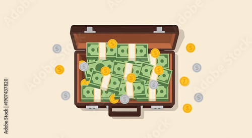 A brown briefcase overflowing with green banknotes and gold coins on a plain surface