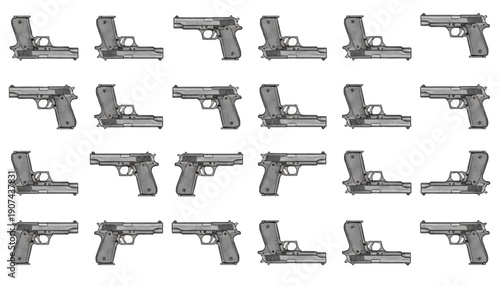Collection of handguns in various orientations.