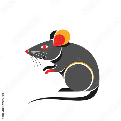 A colorful illustration of a gray mouse with red eyes and orange ears.