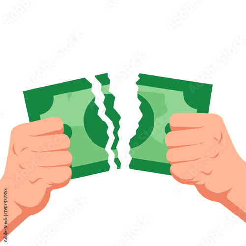 A person breaks two green banknotes in half with their hands in a symbolic action.