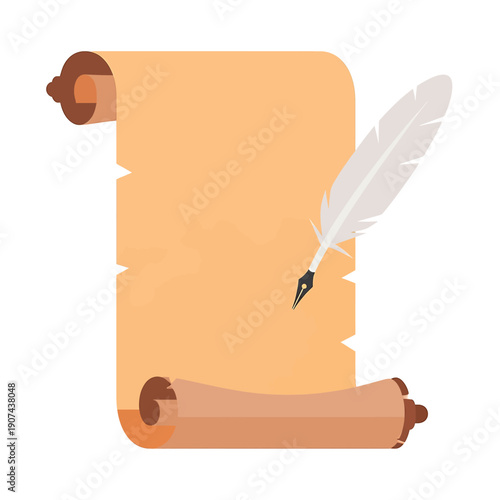 An illustration of a scroll and a feather quill pen on a parchment, symbolizing writing and literature, viewed from a straightforward perspective in a simple setting.
