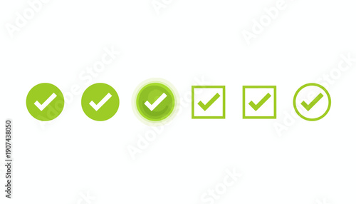 Collection of green checkmark icons in various shapes and styles.