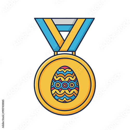 A vibrant illustration of an Easter egg medal hanging from a ribbon, showcasing colorful patterns and designs in a celebratory scene viewed from the front