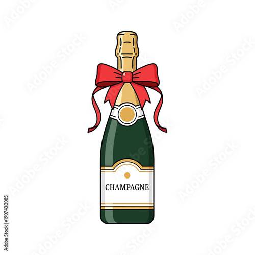 A luxury champagne bottle illustration adorned with a red ribbon bow, symbolizing celebration and luxury, on a clean white background from a frontal viewpoint.