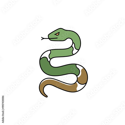 A green snake with a brown tail is coiled and ready to strike from a standing position shown in a simple illustration style.