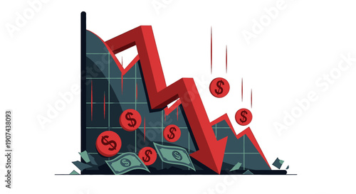 A dramatic graph illustrates a downward financial trend with a red arrow and dollar signs amidst scattered currency notes on the ground visualization from a straightforward angle