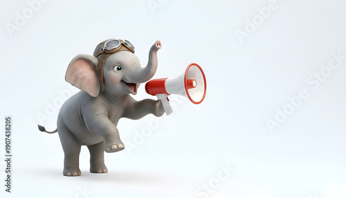 A cute elephant excitedly speaks into a large megaphone