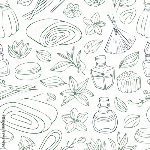 Spa and wellness seamless pattern with essential oil bottles flowers and leaves.