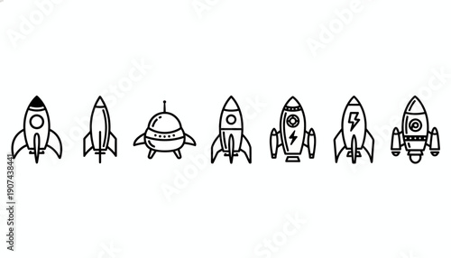 Set of simple line art rocket ship and UFO icons.
