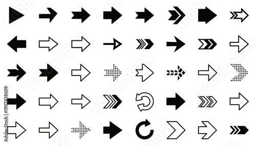 Collection of various black and gray arrow icons on white background.