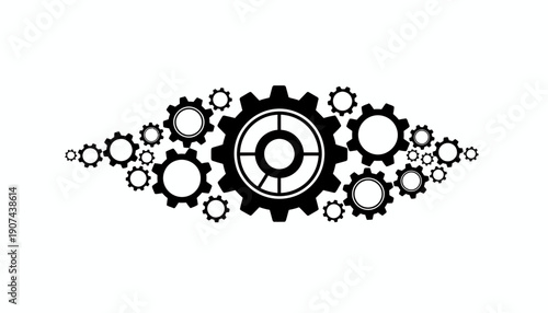 Black and white illustration of interlocking gears and cogs in a symmetrical pattern.