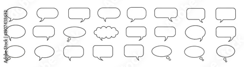 Collection of various speech bubbles and comment icons in simple line art style.
