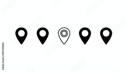 Set of black map pin icons with varying designs on white background.
