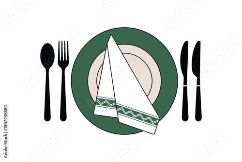 Minimalist Black Utensils with Green Plate Illustration