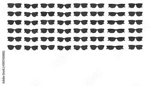 Multiple pairs of sunglasses arranged in a grid pattern on a white background.