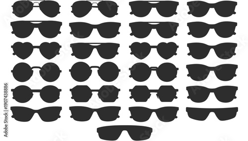 Collection of various sunglasses silhouettes in black on white background.
