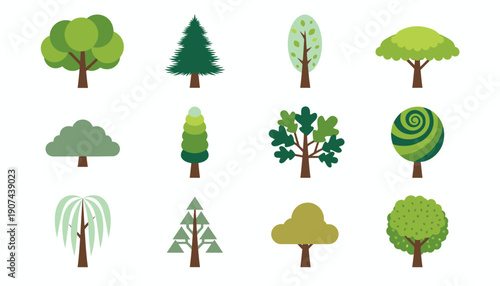 Collection of various green tree icons in different shapes and styles.