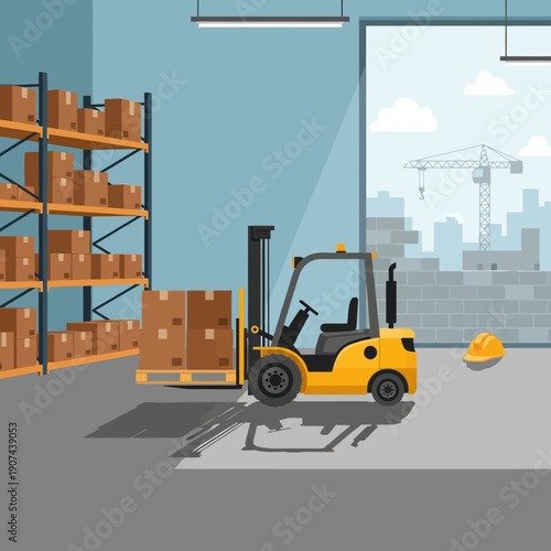 Warehouse Logistics: Yellow Forklift Lifting Inventory Boxes on Pallet. Supply Chain Management Vector Illustration.