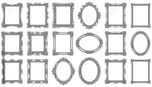 Collection of various ornate picture frames and borders in different shapes.