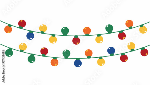 Colorful Christmas lights on a green string against a white background.