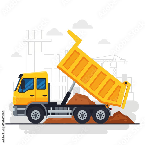 Yellow Dump Truck Unloading Dirt at Construction Site. Heavy machinery vector illustration for building and transportation projects.
