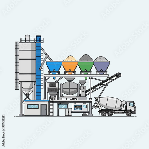 Ready-Mix Concrete Batching Plant Illustration. Industrial Production Facility with Silos, Aggregate Bins, and Cement Mixer Truck.