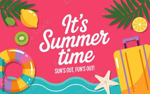 Summer time fun with suitcase and swim float and fruit and palm leaves and sea wave