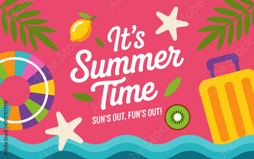 Summer beach vacation illustration with sun, sea, and tropical elements for a festive holiday travel background design