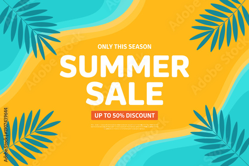 Summer sale advertisement with tropical leaves and colorful background for marketing campaign