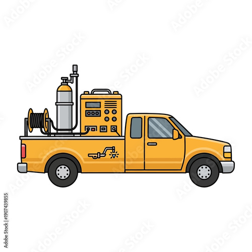 Mobile Welding Service Truck Vector Icon. Yellow Pickup Vehicle with Industrial Welding Machine, Gas Tank, and Hose Reel for Field Repair.
