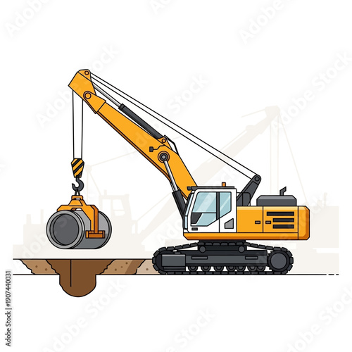Construction Pipelayer Excavator Crane Installing Concrete Pipe in Trench. Heavy Machinery Vector Illustration for Infrastructure and Utility Work.