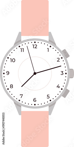 Quartz clock on pink strap. Female hand watch