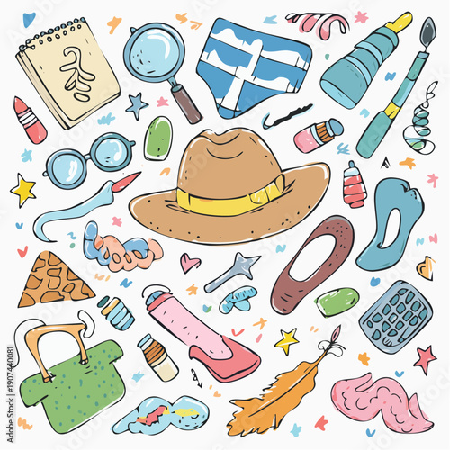 Collection of assorted objects and accessories scattered randomly.