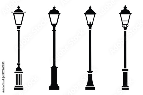 Four distinct silhouette designs of classic ornamental street lamps are shown.