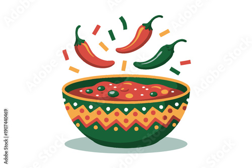 Colorful Bowl of Spicy Sauce with Chili Pepper Illustration